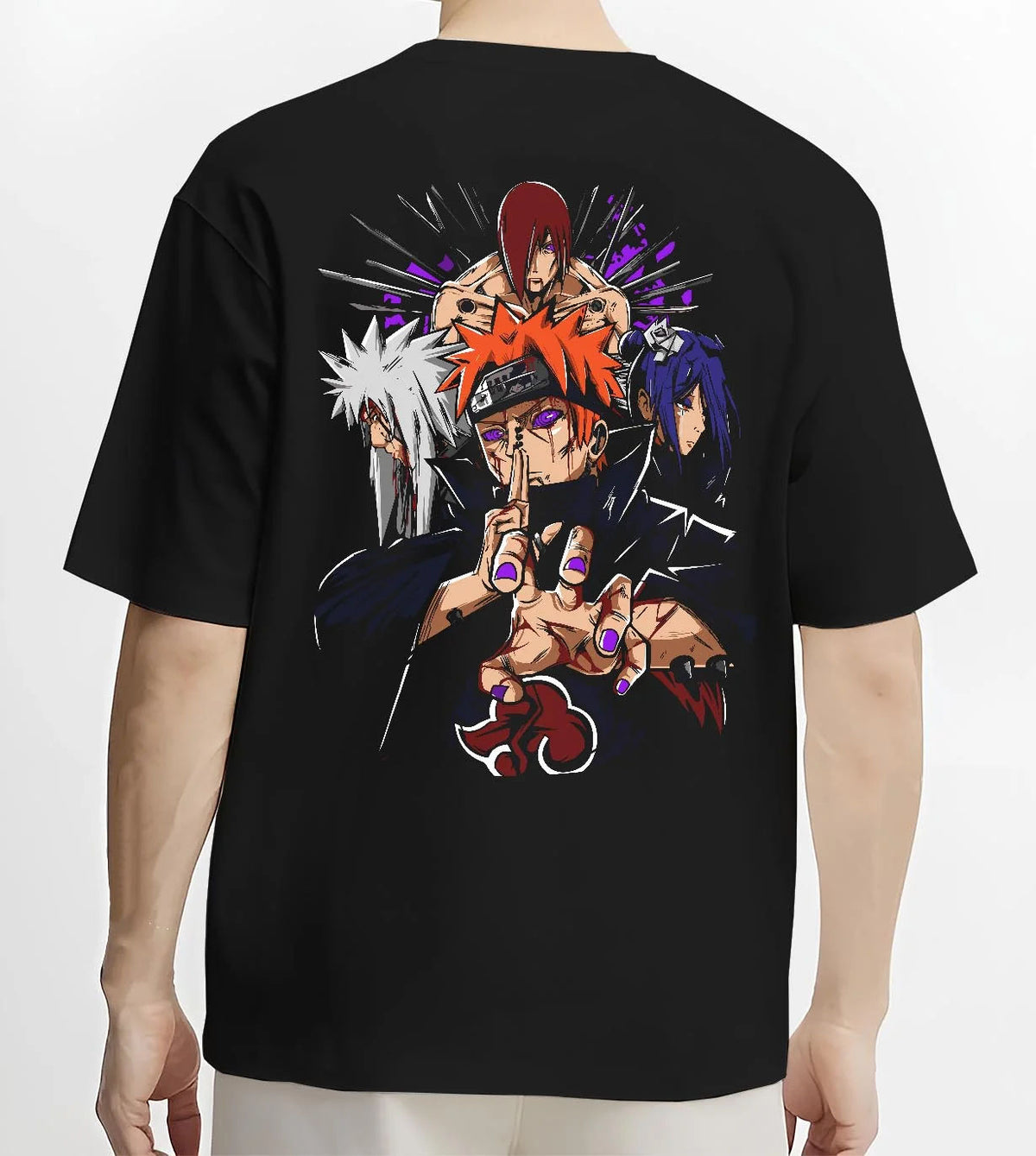 Black T-shirt worn by male model from the back featuring Pain Six Paths Rinnegan Akatsuki Naruto artwork.