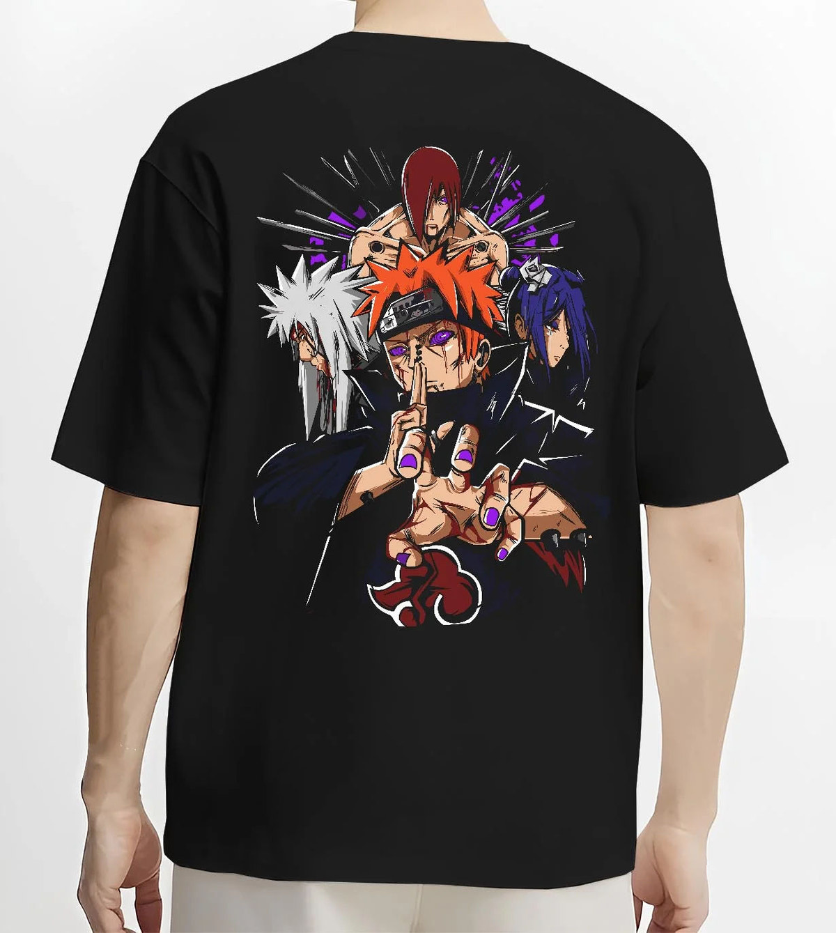 Black T-shirt worn by male model from the back featuring Pain Six Paths Rinnegan Akatsuki Naruto artwork.