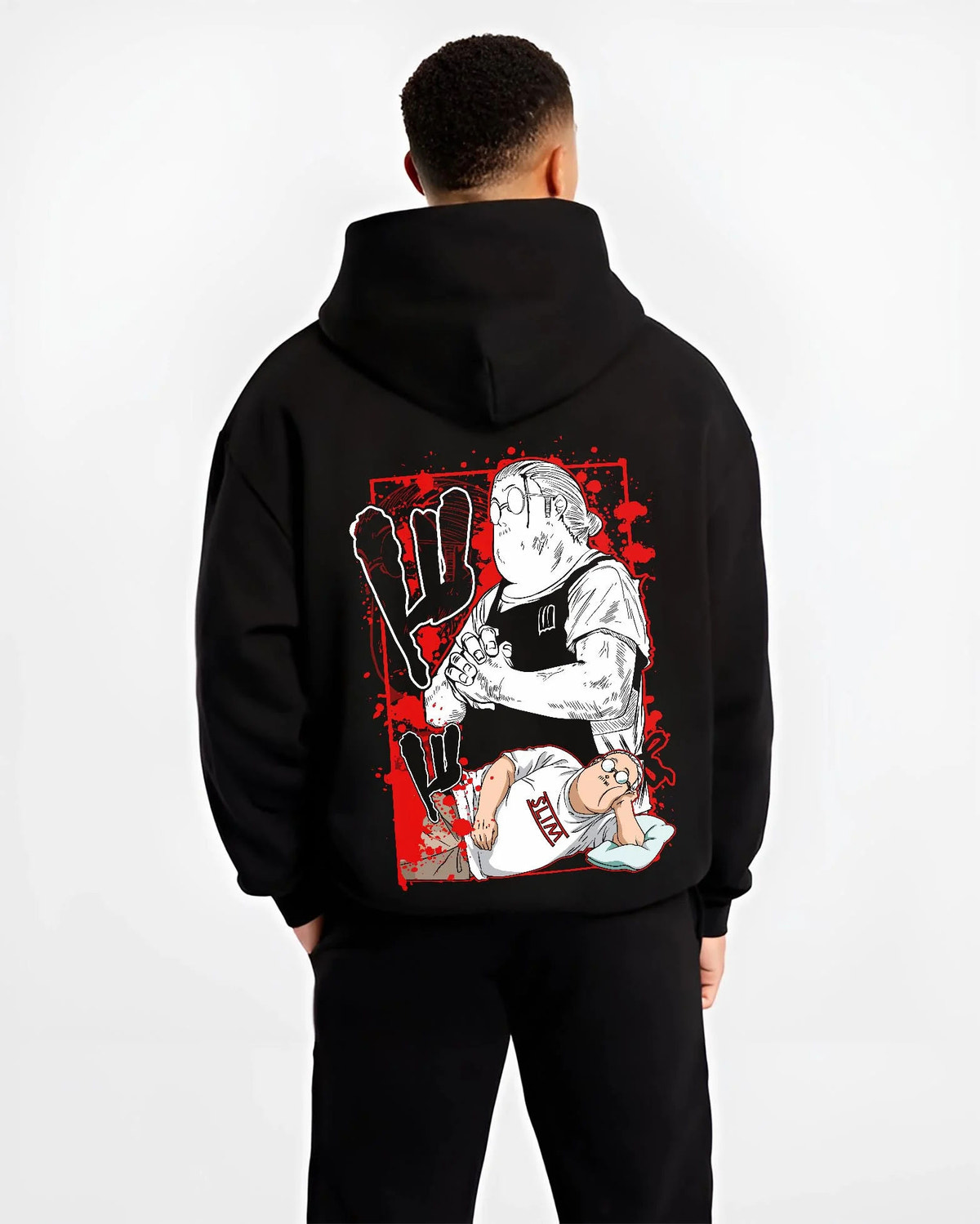 Black hoodie worn by male model from the back featuring Taro Sakamoto legendary hitman Sakamoto Days artwork.