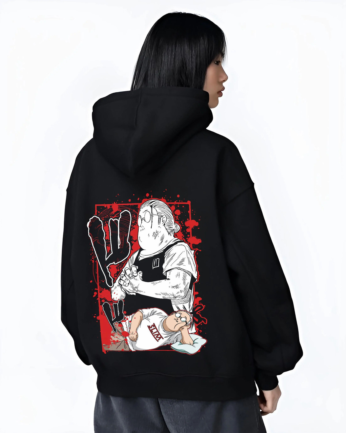 Black hoodie worn by female model from the back featuring Taro Sakamoto legendary hitman Sakamoto Days artwork.