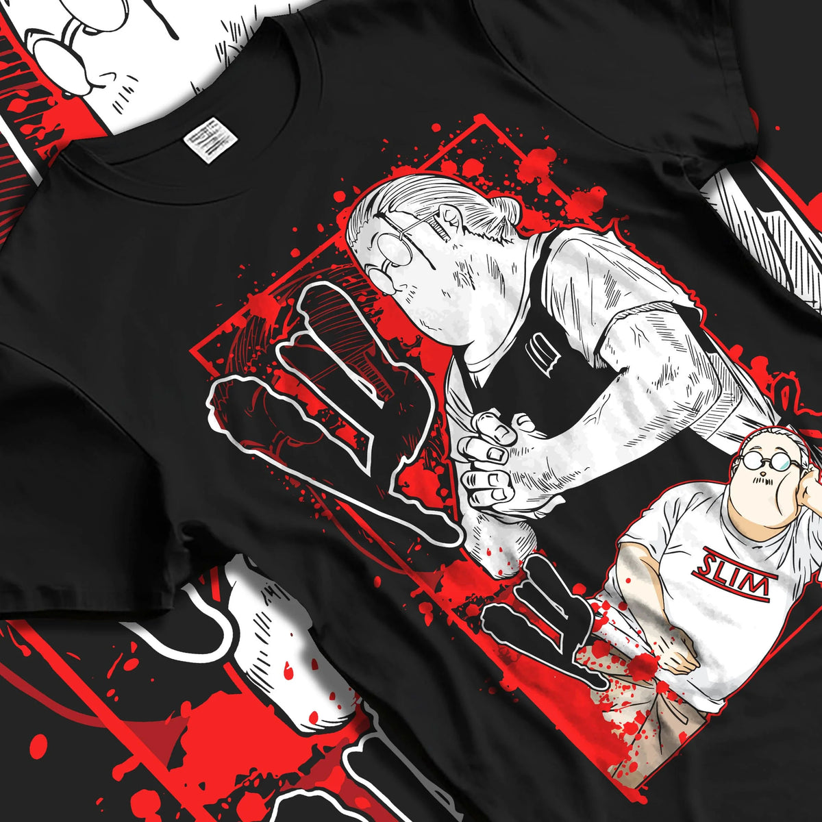 Black T-shirt laid flat with natural folds featuring Taro Sakamoto legendary hitman Sakamoto Days artwork.