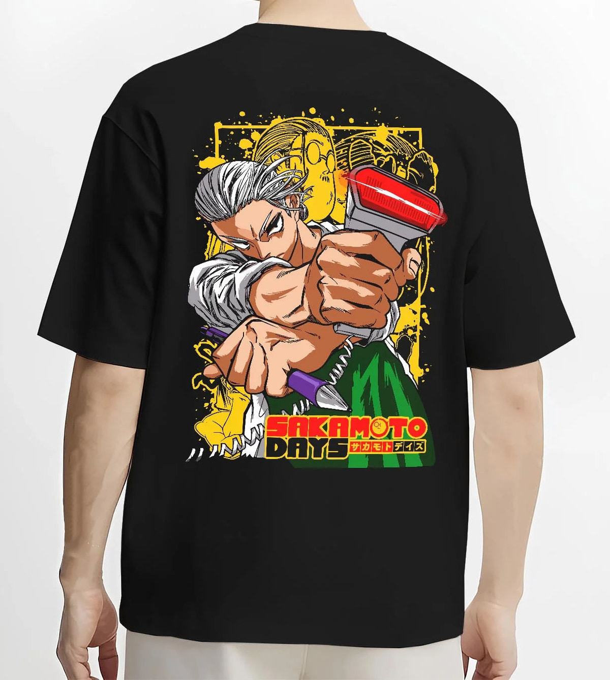 Black T-shirt worn by male model from the back featuring Taro Sakamoto slim assassin battle Sakamoto Days artwork.