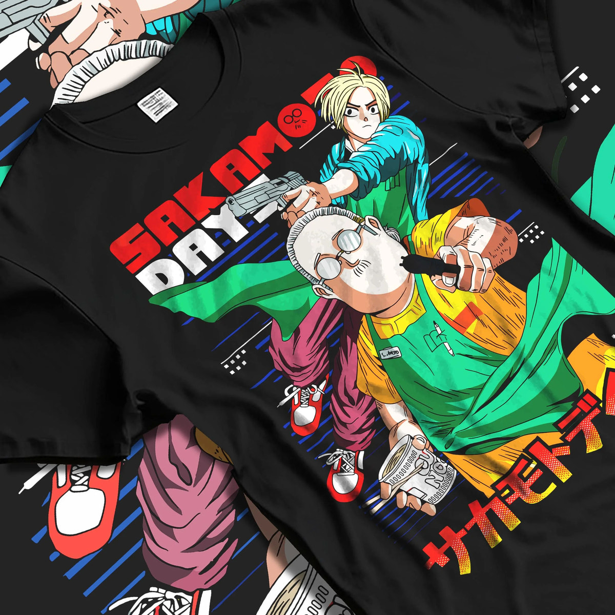 Black T-shirt laid flat with natural folds featuring Sakamoto Days assassin cast group artwork.