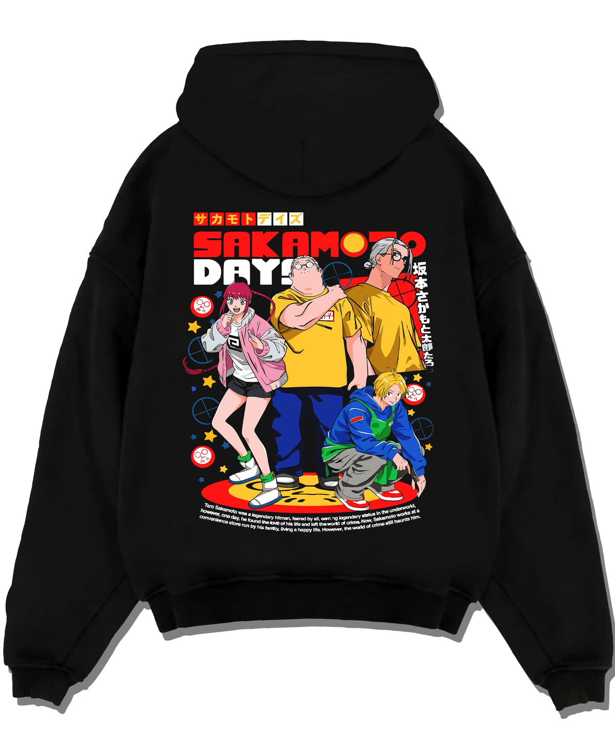 Black hoodie laid flat featuring Taro Sakamoto Shin and Lu group Sakamoto Days artwork.