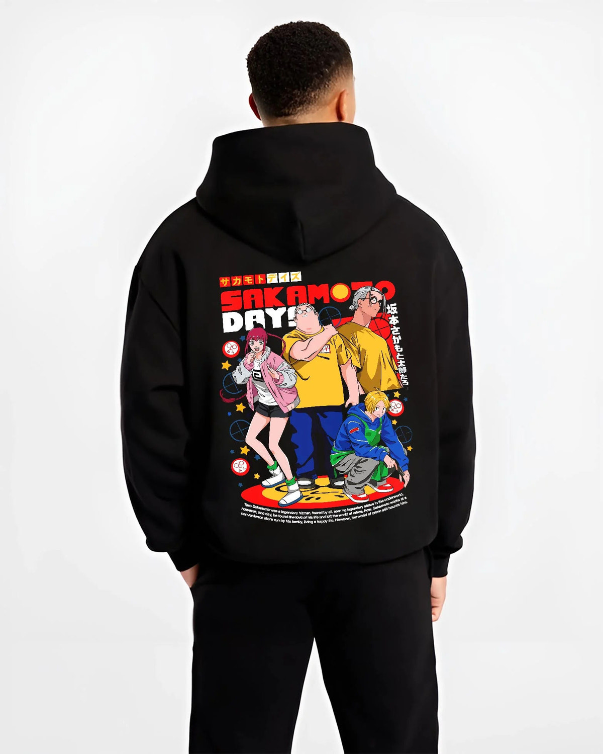 Black hoodie worn by male model from the back featuring Taro Sakamoto Shin and Lu group Sakamoto Days artwork.