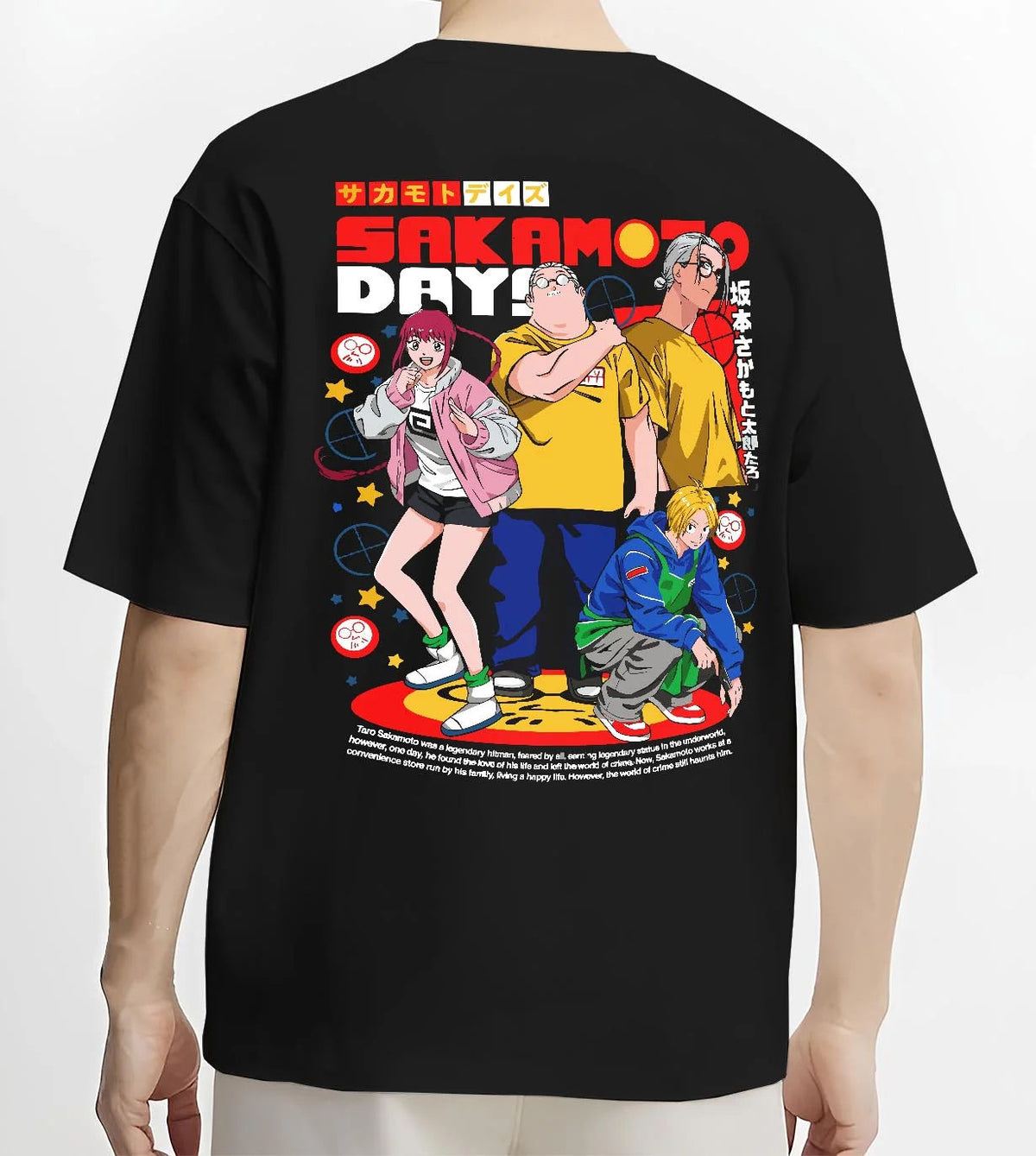 Black T-shirt worn by male model from the back featuring Taro Sakamoto Shin and Lu group Sakamoto Days artwork.