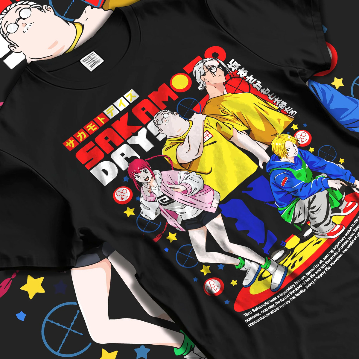 Black T-shirt laid flat with natural folds featuring Taro Sakamoto Shin and Lu group Sakamoto Days artwork.