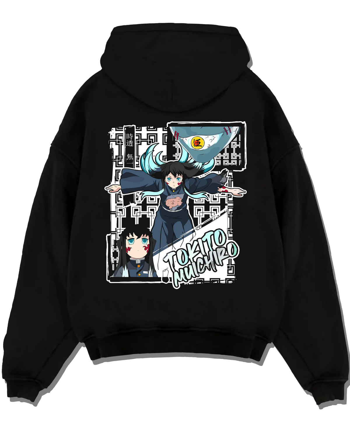 Black hoodie laid flat featuring Muichiro Tokito Mist Hashira sword Demon Slayer artwork.
