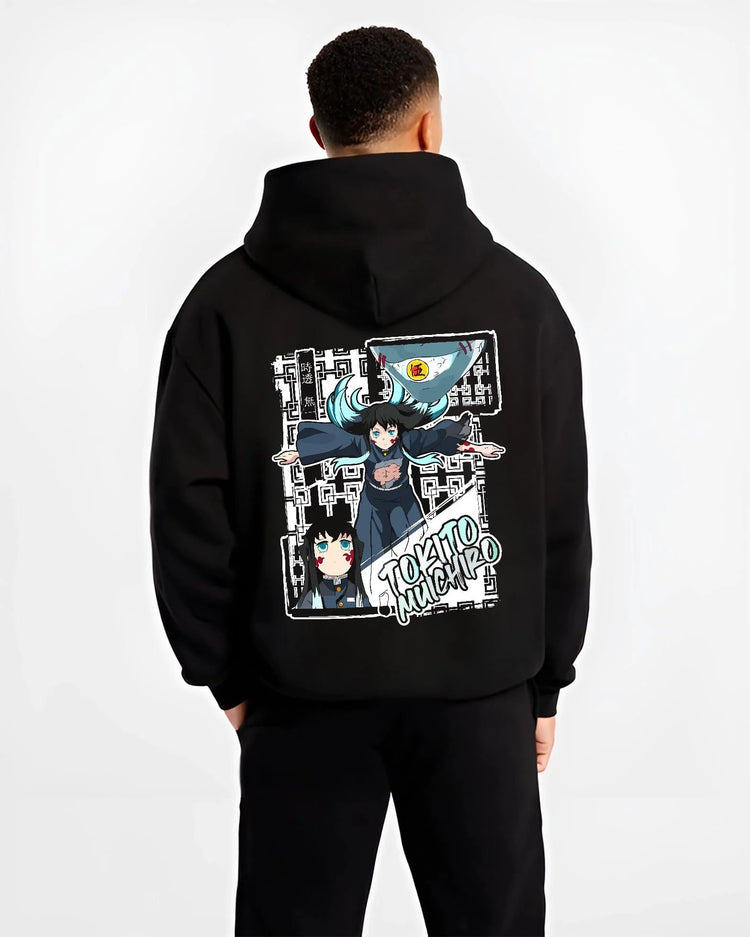 Black hoodie worn by male model from the back featuring Muichiro Tokito Mist Hashira sword Demon Slayer artwork.