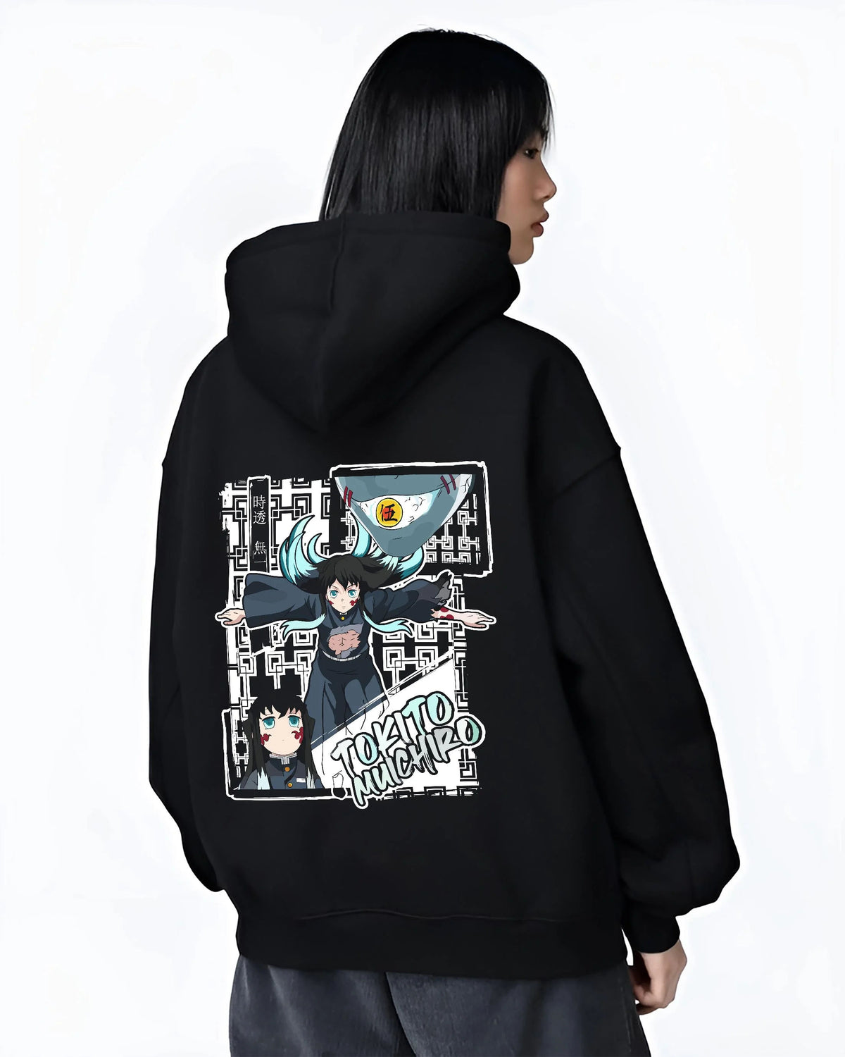 Black hoodie worn by female model from the back featuring Muichiro Tokito Mist Hashira sword Demon Slayer artwork.