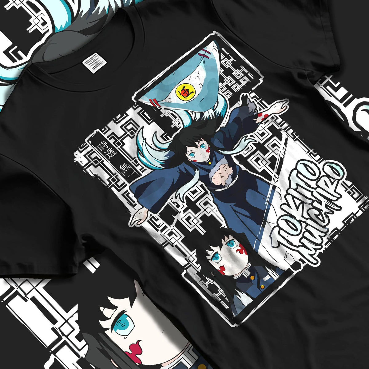 Black T-shirt laid flat with natural folds featuring Muichiro Tokito Mist Hashira sword Demon Slayer artwork.