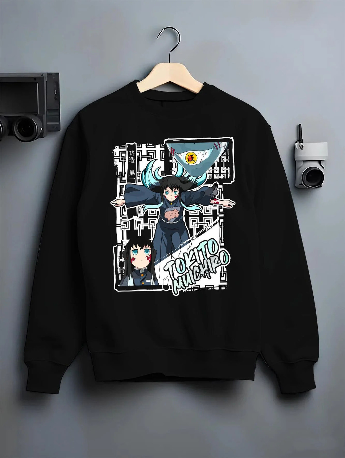 Black crewneck sweatshirt on hanger featuring Muichiro Tokito Mist Hashira sword Demon Slayer artwork.