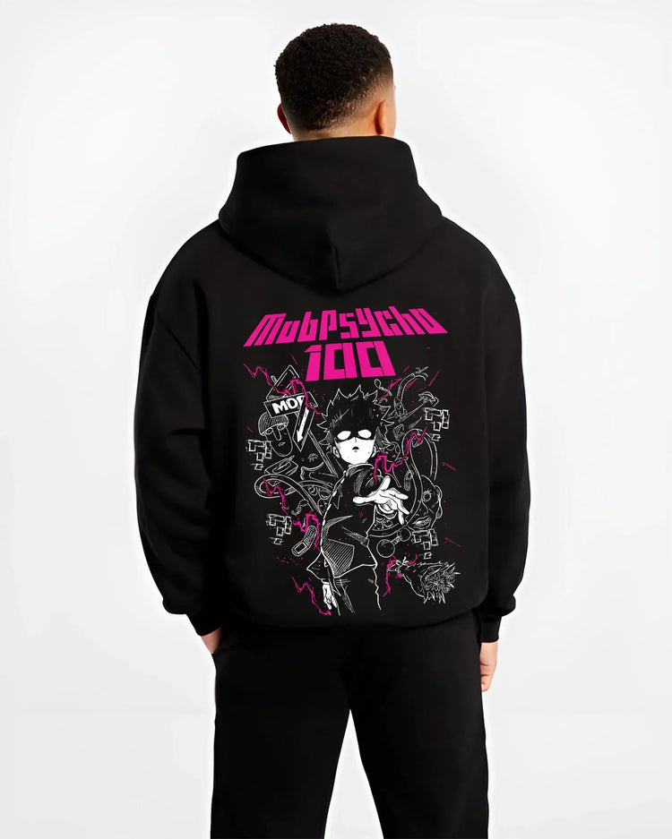 Black hoodie worn by male model, back view with Shigeo Kageyama Hoodie Mob Psycho 100 Shadow graphic premium wear.