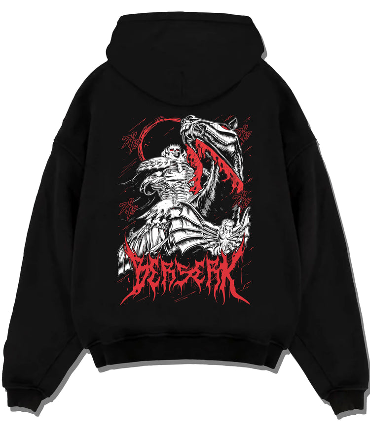 Skull Knight riding a horse in metallic-style Berserk manga artwork on flat back hoodie design