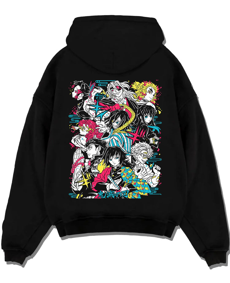 Black pullover hoodie laid flat with Tanjiro Group Hoodie Demon Slayer Anime Water Hashira graphic bold anime graphic.