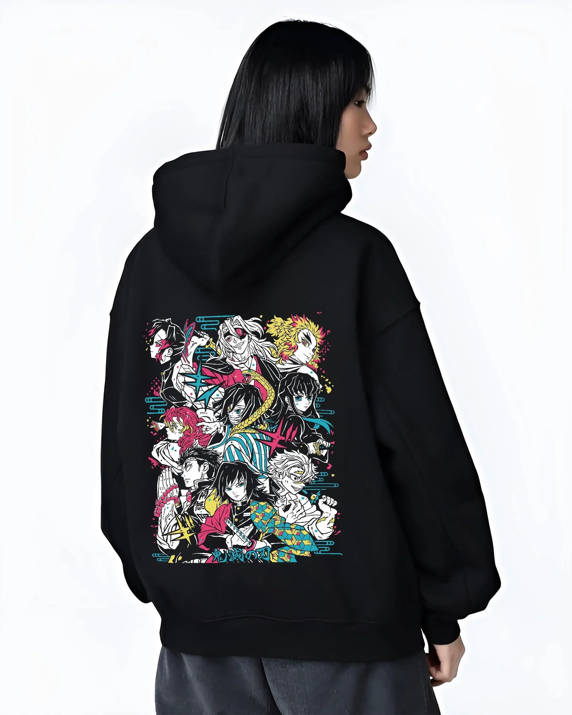 Black hoodie worn by female model, back view with Tanjiro Group Hoodie Demon Slayer Anime Water Hashira graphic bold anime graphic.