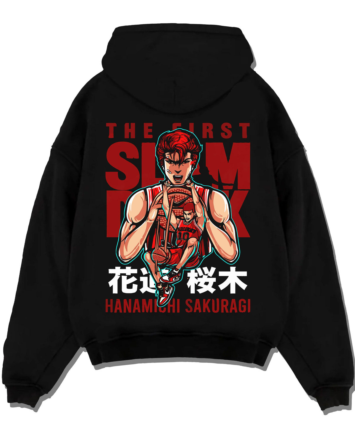 Black hoodie laid flat featuring Hanamichi Sakuragi Shohoku basketball Slam Dunk artwork.