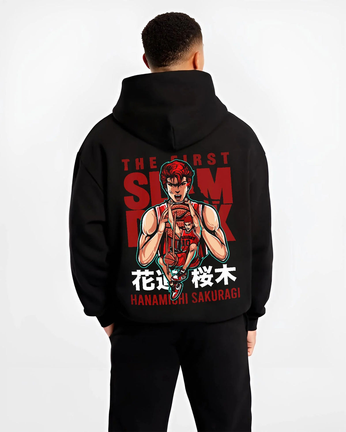 Black hoodie worn by male model from the back featuring Hanamichi Sakuragi Shohoku basketball Slam Dunk artwork.