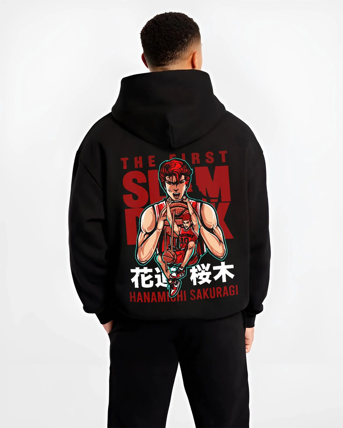 Black hoodie worn by male model from the back featuring Hanamichi Sakuragi Shohoku basketball Slam Dunk artwork.
