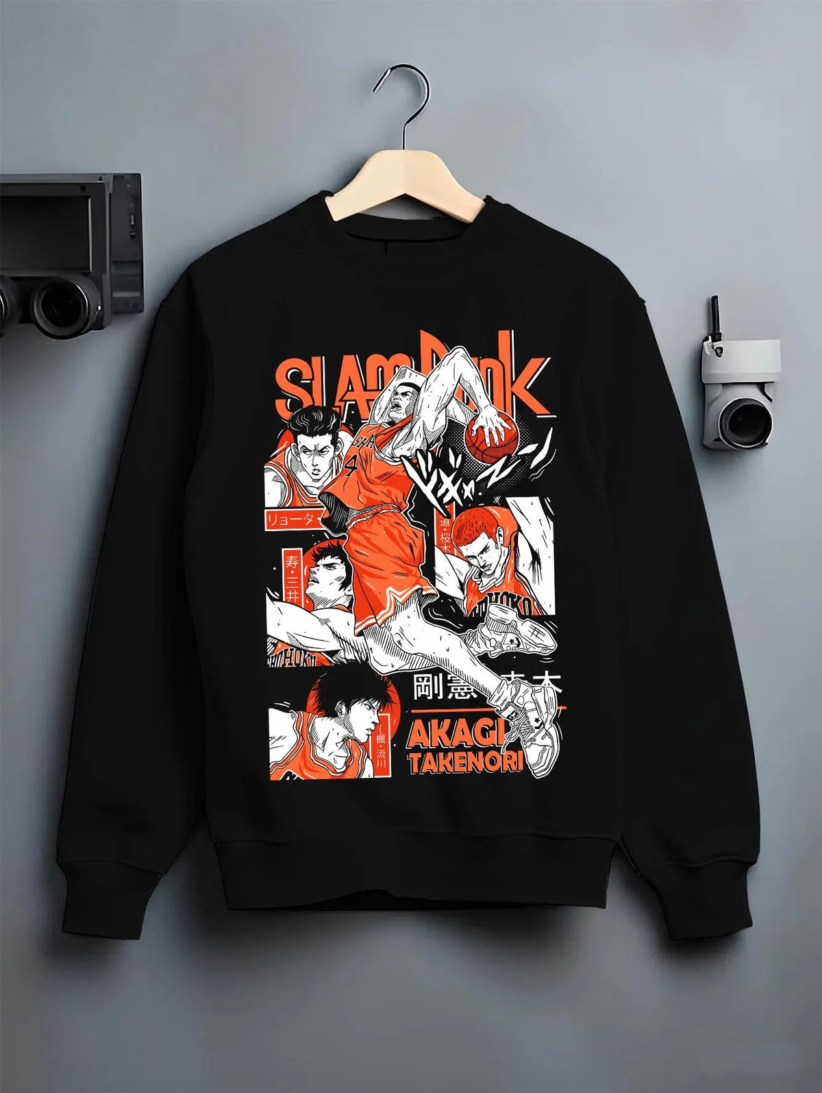 Black crewneck sweatshirt on hanger featuring Takenori Akagi Shohoku captain Slam Dunk artwork.