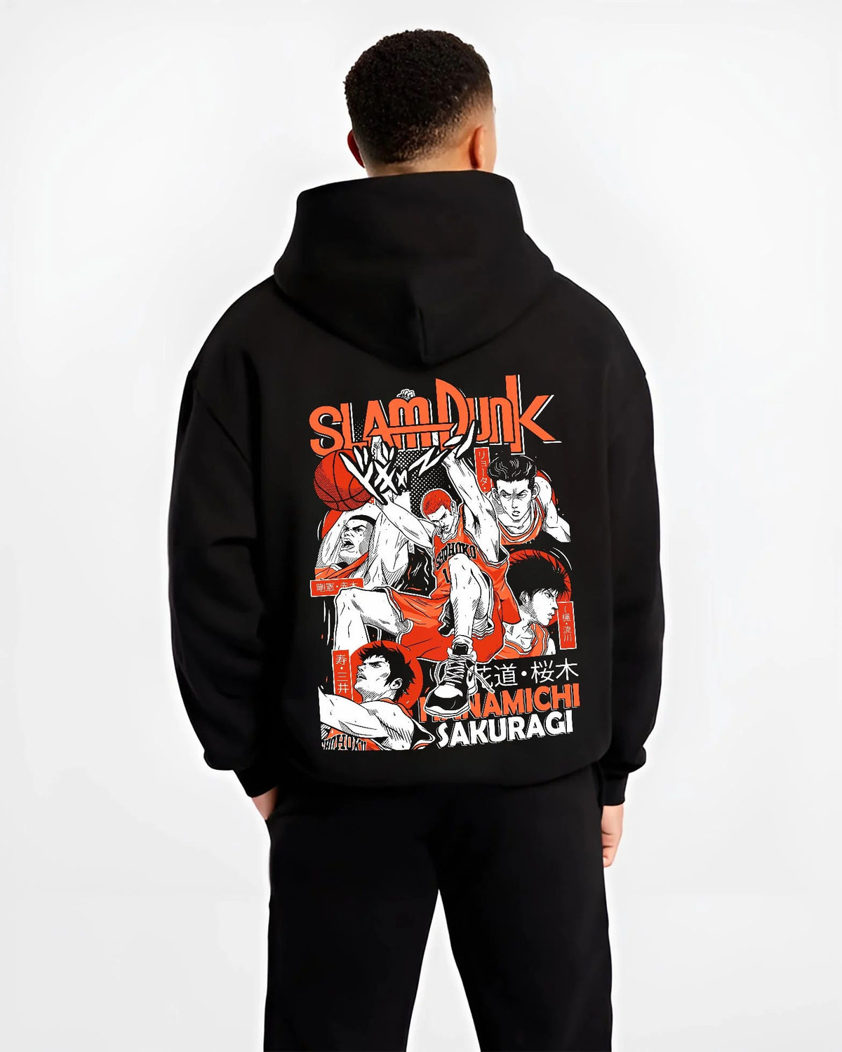 Black hoodie worn by male model from the back featuring Hanamichi Sakuragi rebound basketball Slam Dunk artwork.