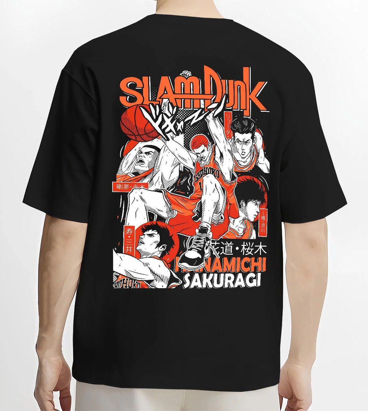 Black T-shirt worn by male model from the back featuring Hanamichi Sakuragi rebound basketball Slam Dunk artwork.