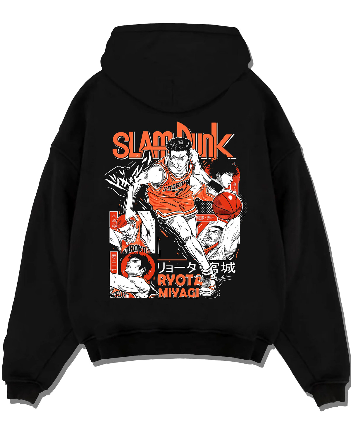 Black hoodie laid flat featuring Ryota Miyagi point guard Slam Dunk artwork.
