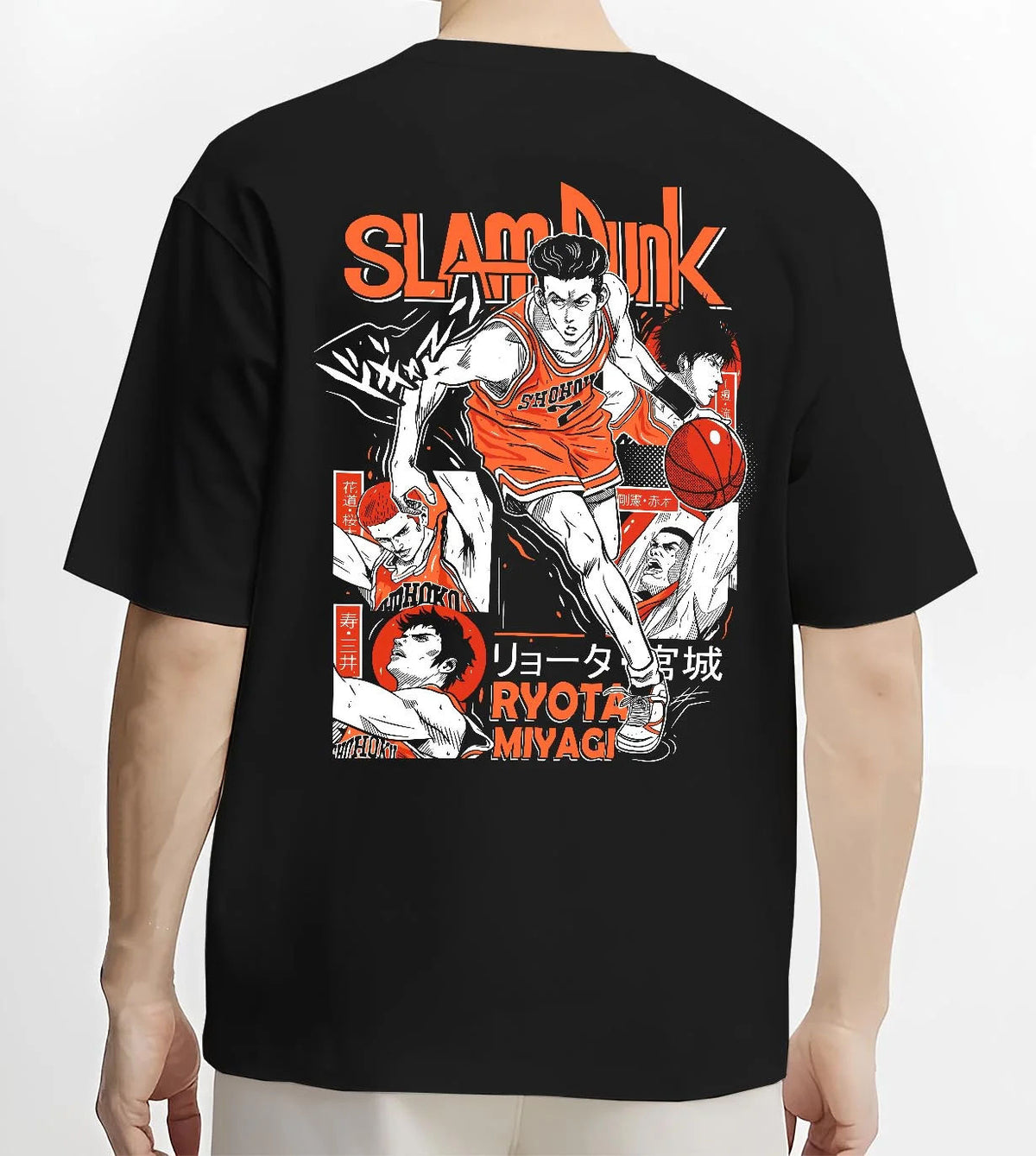 Black T-shirt worn by male model from the back featuring Ryota Miyagi point guard Slam Dunk artwork.