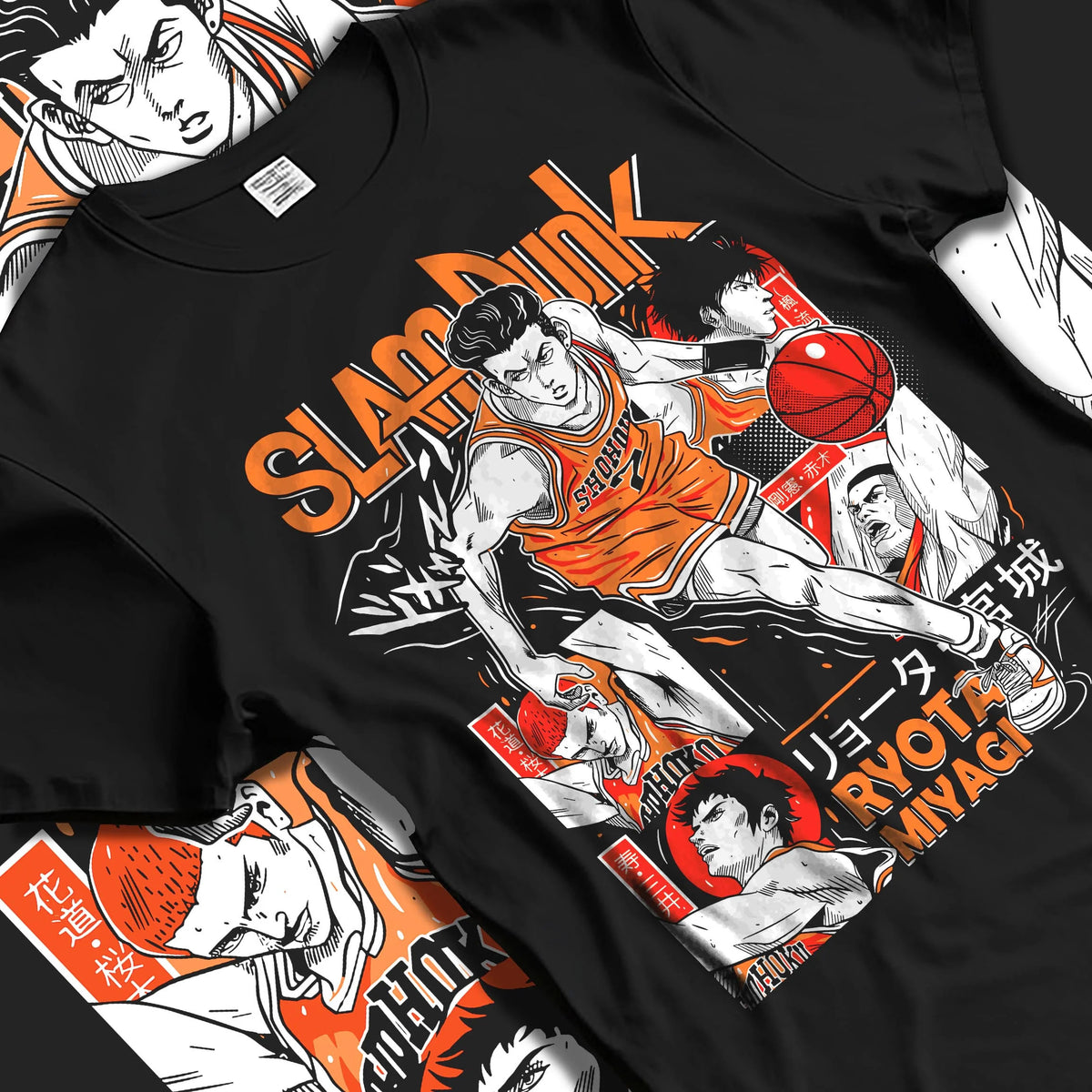 Black T-shirt laid flat with natural folds featuring Ryota Miyagi point guard Slam Dunk artwork.