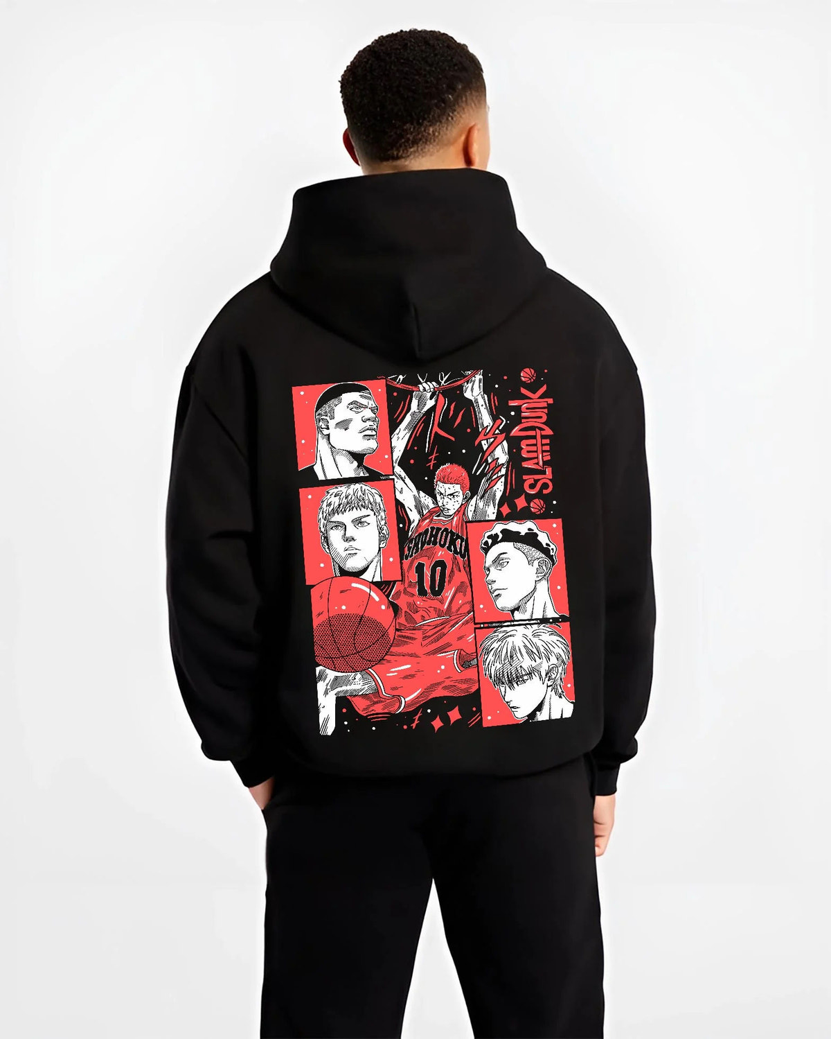 Black hoodie worn by male model from the back featuring Shohoku basketball team Slam Dunk artwork.