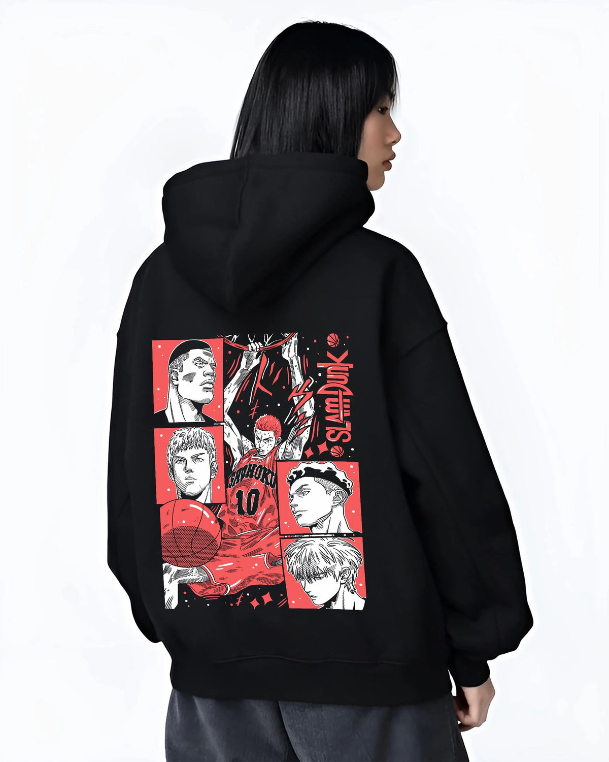 Black hoodie worn by female model from the back featuring Shohoku basketball team Slam Dunk artwork.