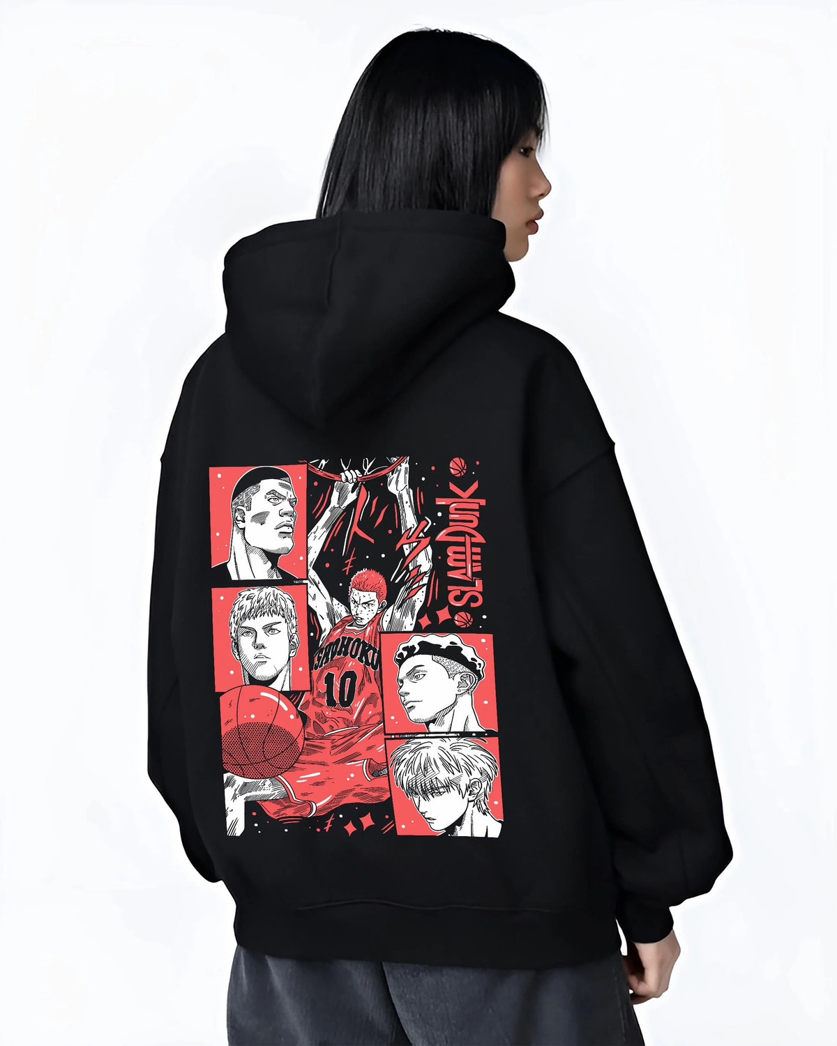 Black hoodie worn by female model from the back featuring Shohoku basketball team Slam Dunk artwork.