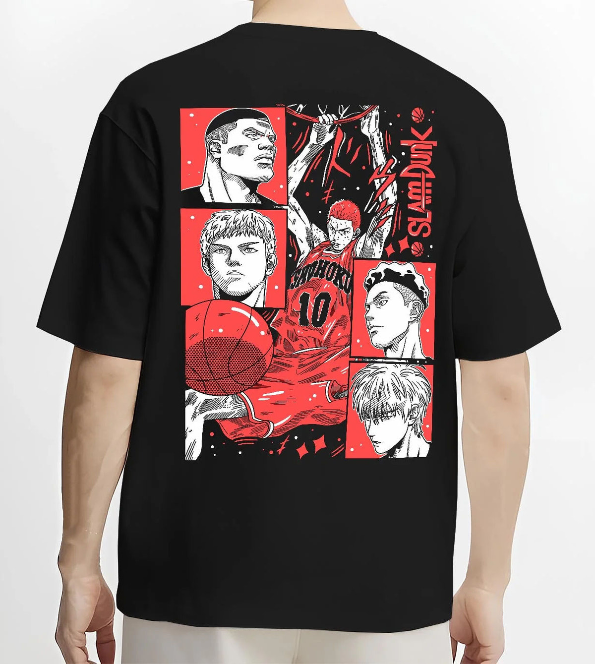 Black T-shirt worn by male model from the back featuring Shohoku basketball team Slam Dunk artwork.