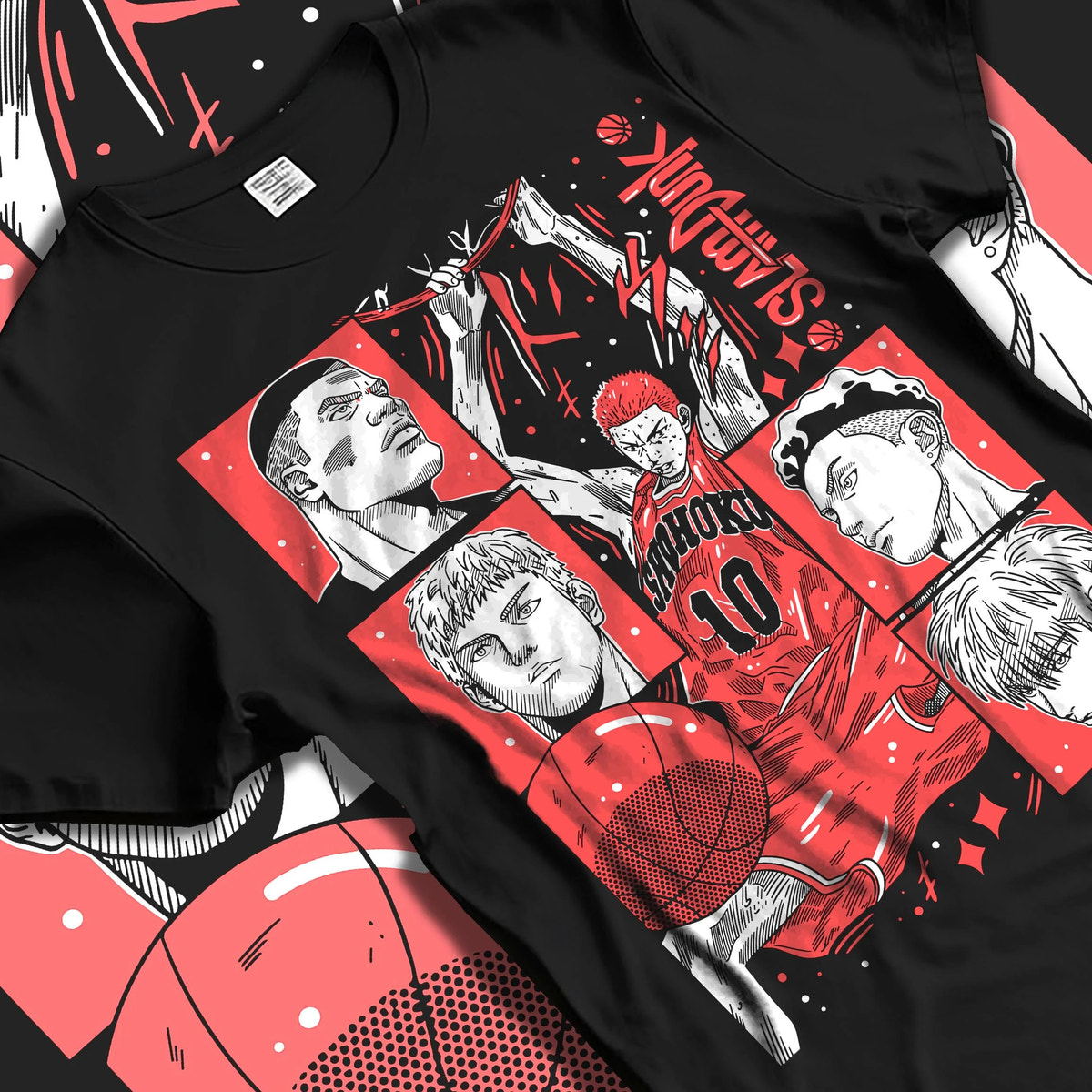 Black T-shirt laid flat with natural folds featuring Shohoku basketball team Slam Dunk artwork.
