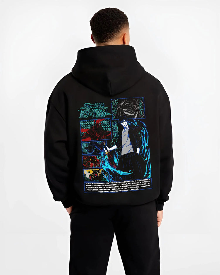 Black hoodie worn by male model from the back featuring Sung Jin-Woo ice shadow battle Solo Leveling artwork.