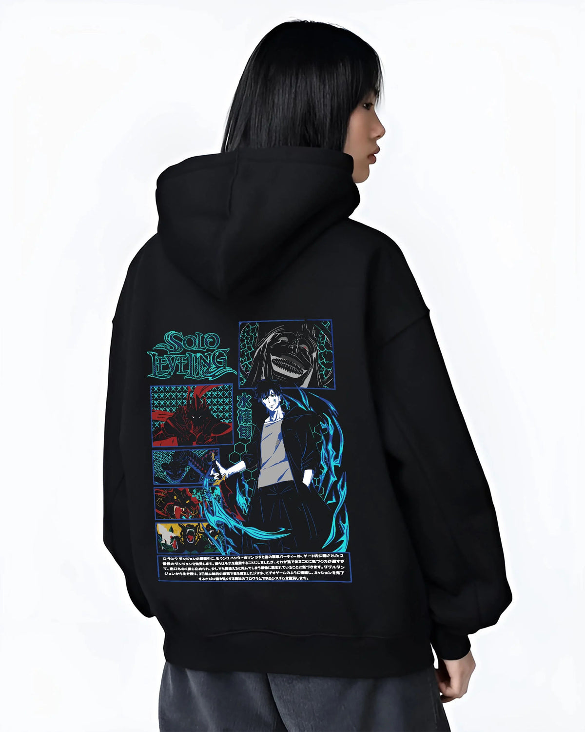 Black hoodie worn by female model from the back featuring Sung Jin-Woo ice shadow battle Solo Leveling artwork.