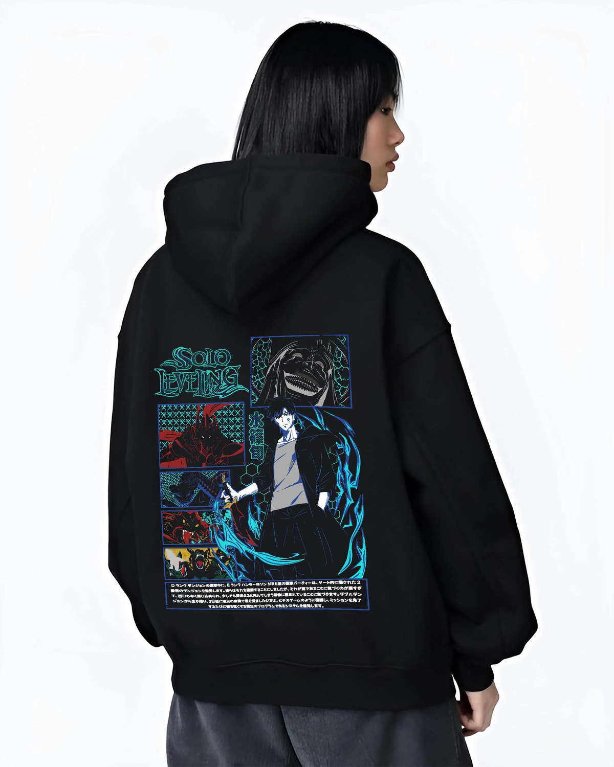 Black hoodie worn by female model from the back featuring Sung Jin-Woo ice shadow battle Solo Leveling artwork.