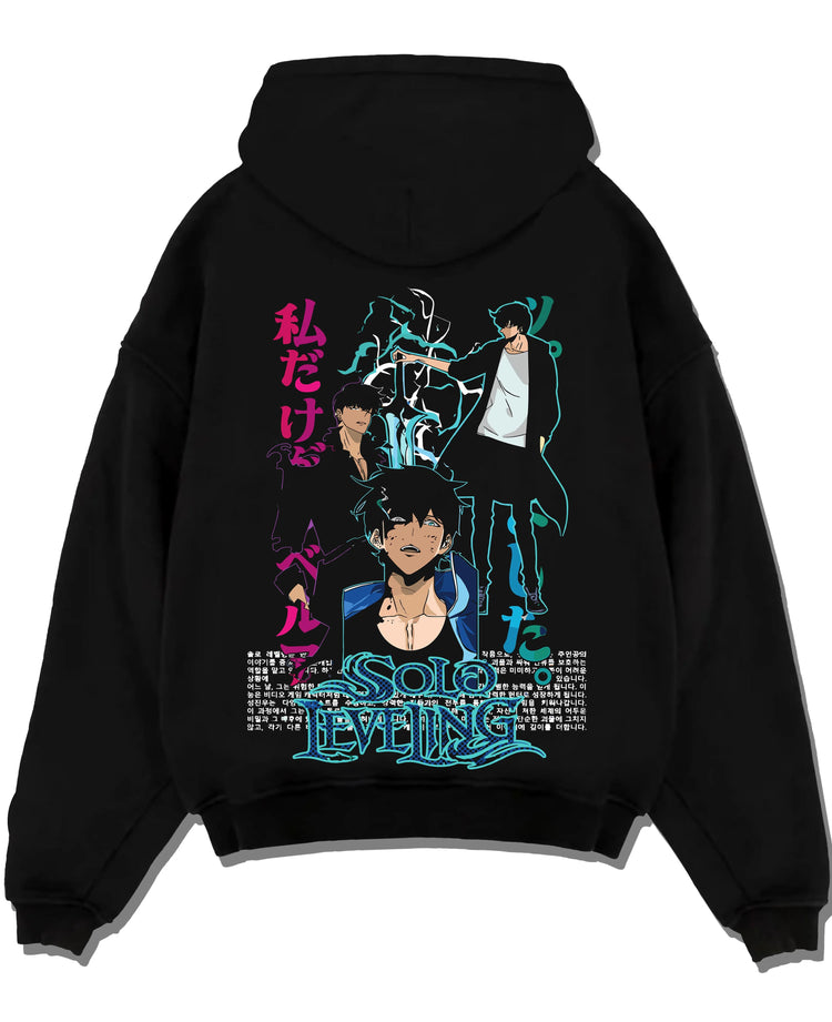 Black hoodie laid flat featuring Sung Jin-Woo shadow armour Solo Leveling artwork.
