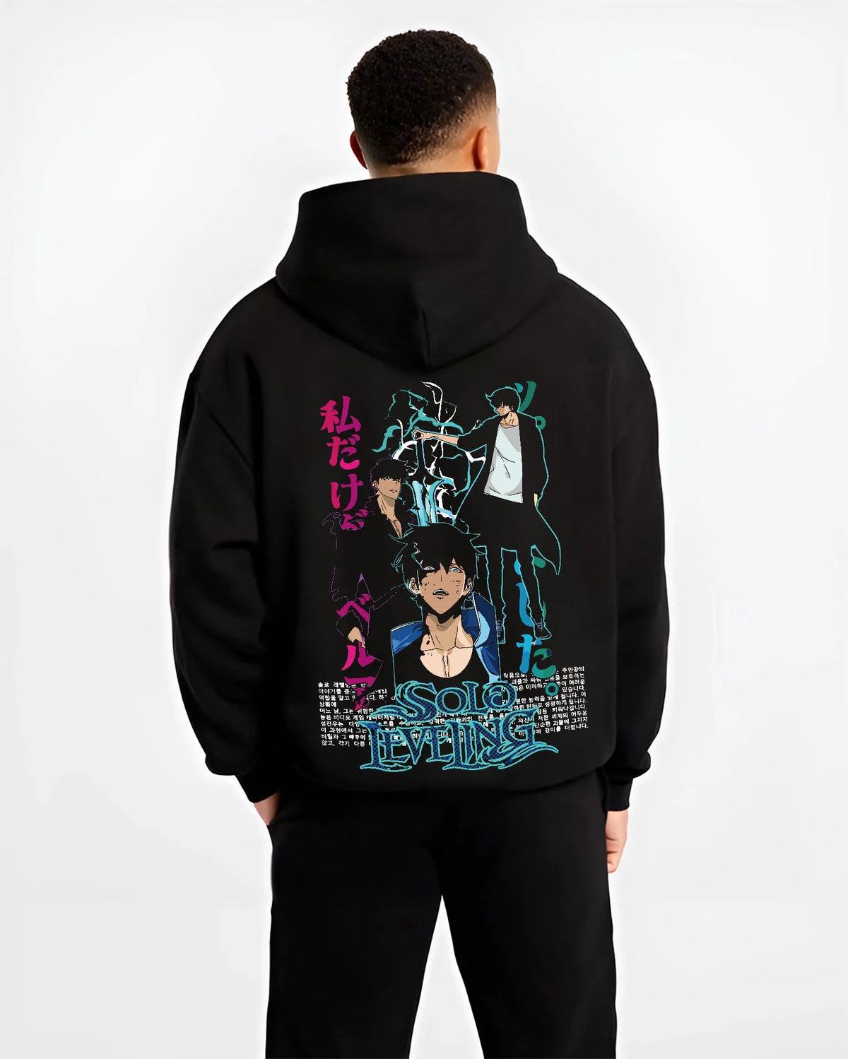 Black hoodie worn by male model from the back featuring Sung Jin-Woo shadow armour Solo Leveling artwork.
