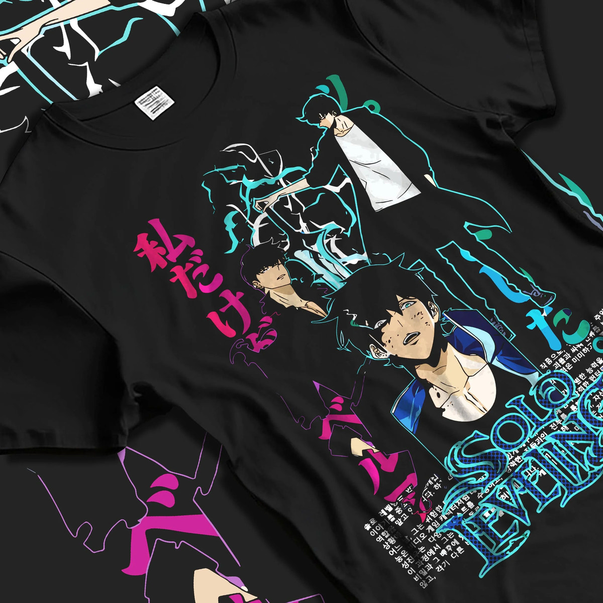 Black T-shirt laid flat with natural folds featuring Sung Jin-Woo shadow armour Solo Leveling artwork.
