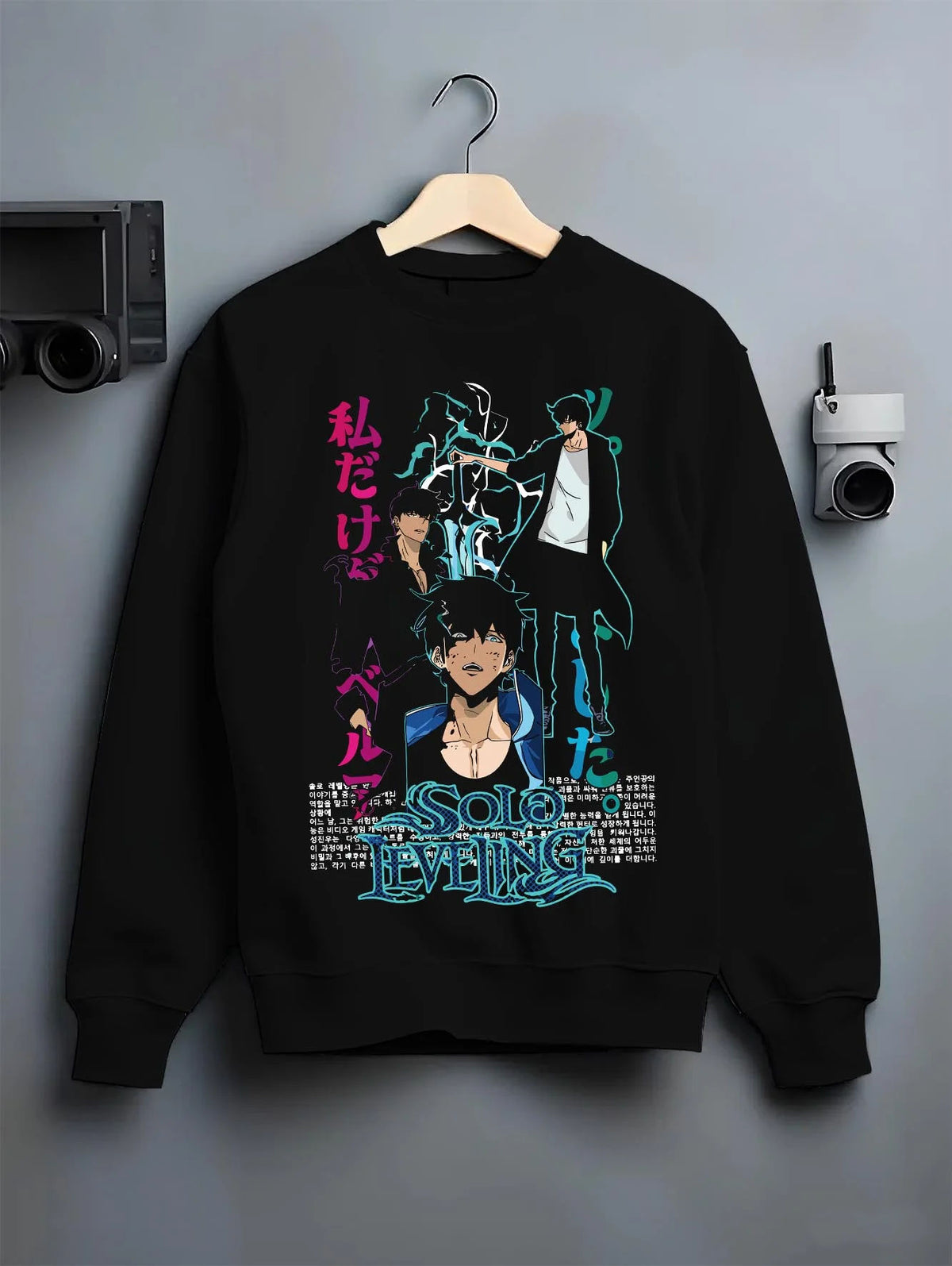 Black crewneck sweatshirt on hanger featuring Sung Jin-Woo shadow armour Solo Leveling artwork.