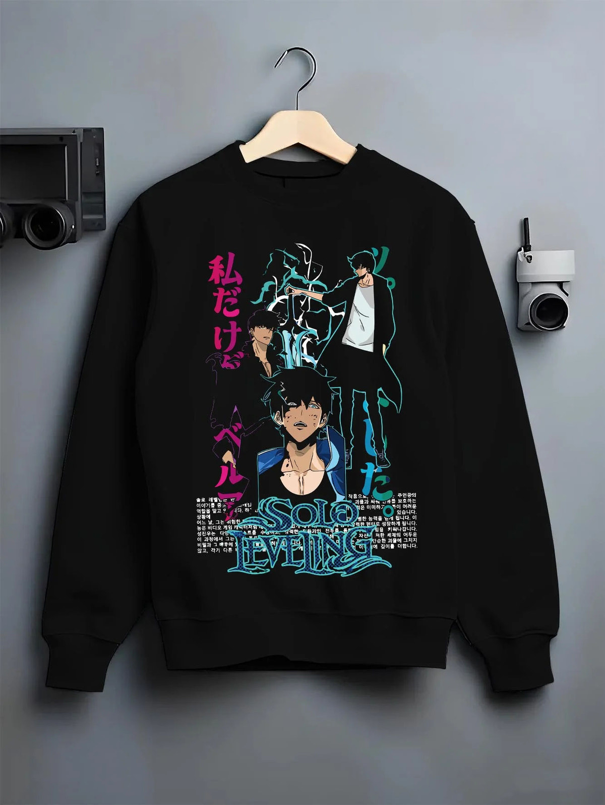 Black crewneck sweatshirt on hanger featuring Sung Jin-Woo shadow armour Solo Leveling artwork.