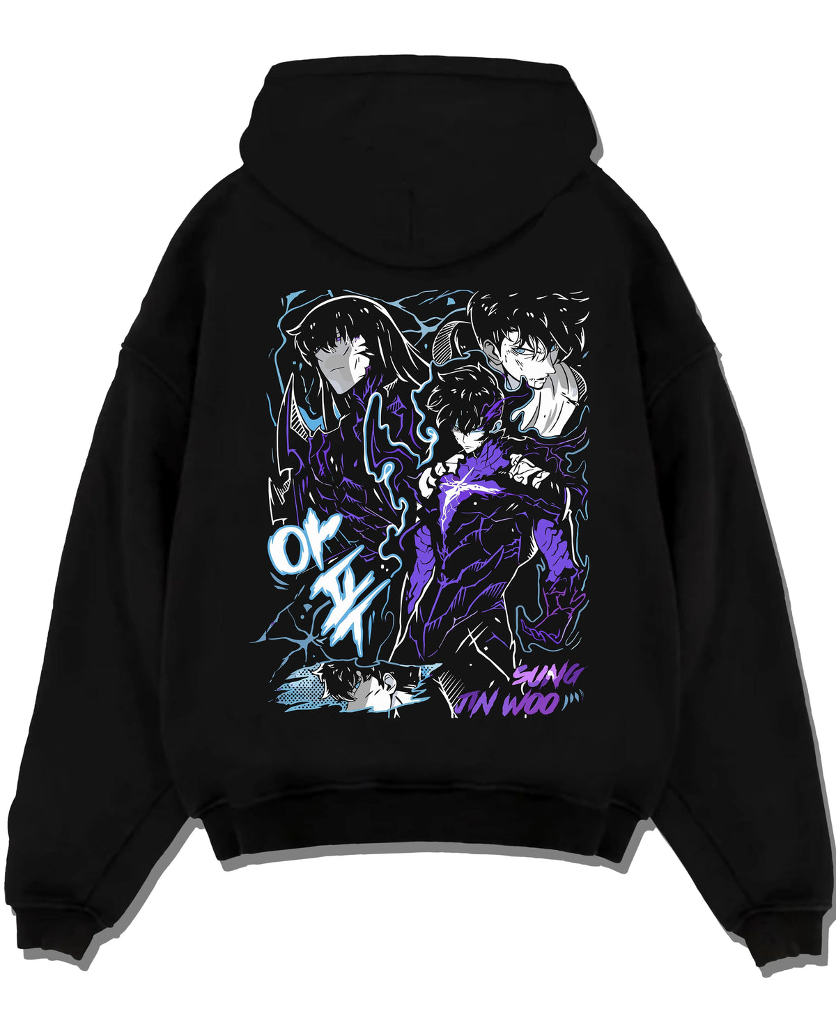 Black hoodie laid flat featuring Sung Jin-Woo shadow dragon battle Solo Leveling artwork.