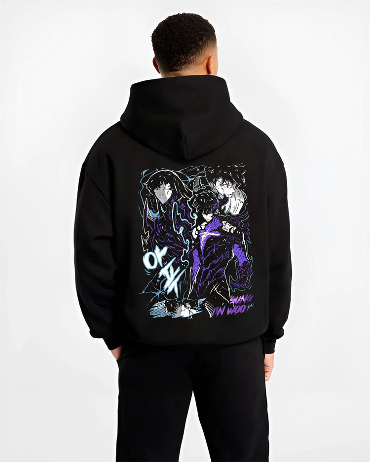 Black hoodie worn by male model from the back featuring Sung Jin-Woo shadow dragon battle Solo Leveling artwork.