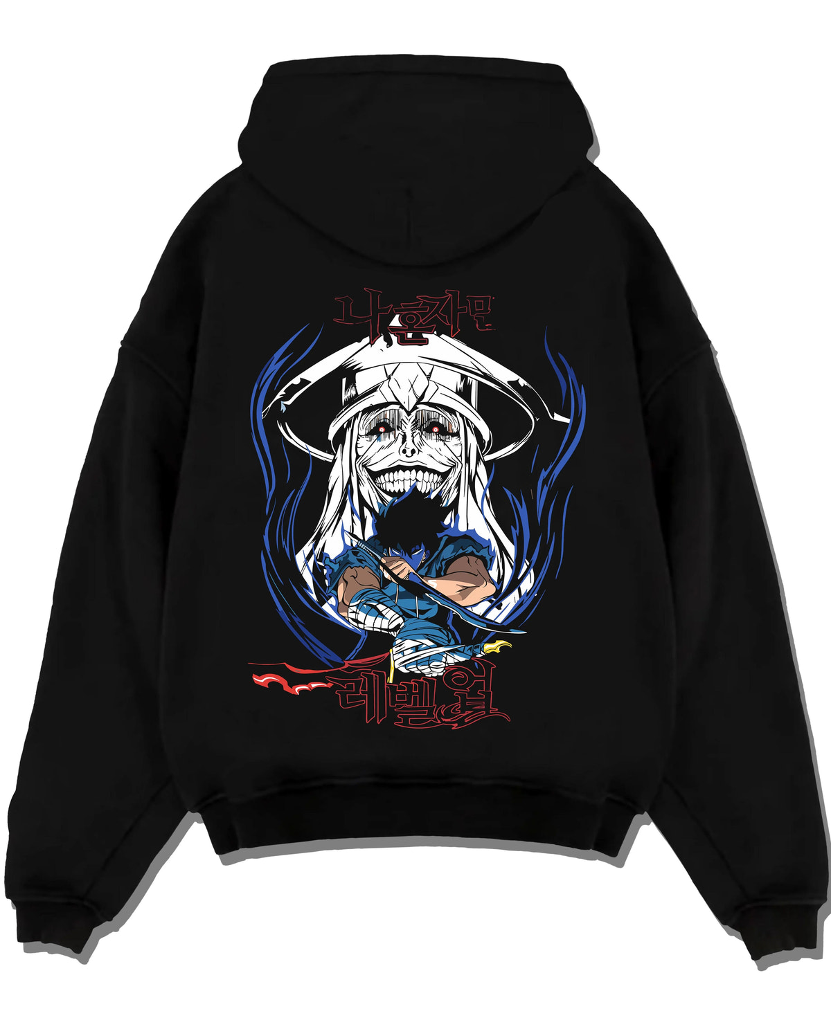 Black hoodie laid flat featuring Baruka Ice Elf Warlord dagger battle Solo Leveling artwork.