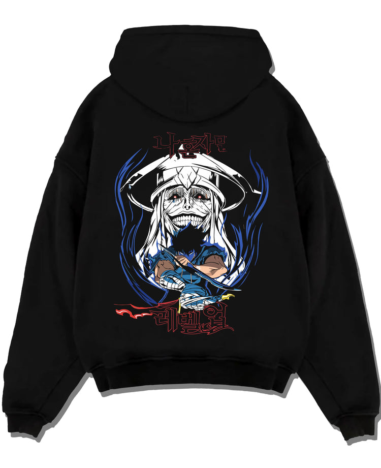 Black hoodie laid flat featuring Baruka Ice Elf Warlord dagger battle Solo Leveling artwork.