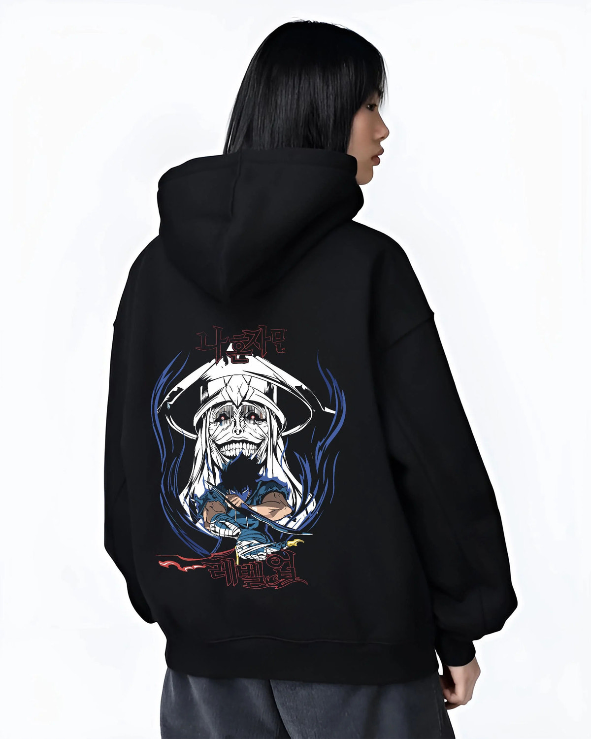 Black hoodie worn by female model from the back featuring Baruka Ice Elf Warlord dagger battle Solo Leveling artwork.