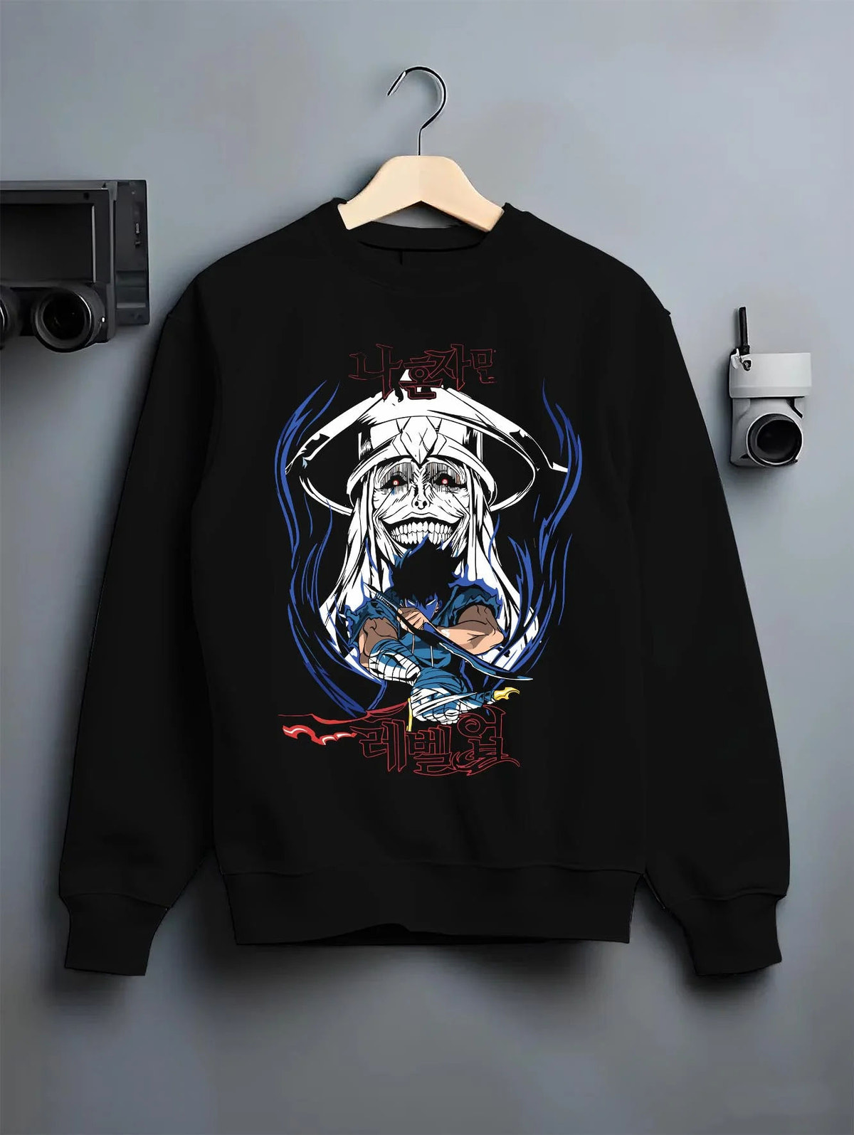 Black crewneck sweatshirt on hanger featuring Baruka Ice Elf Warlord dagger battle Solo Leveling artwork.