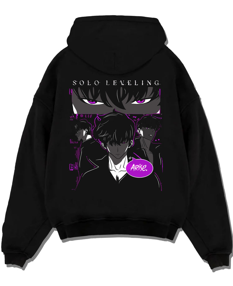 Black hoodie laid flat featuring Sung Jin-Woo Arise Shadow Monarch Solo Leveling artwork.