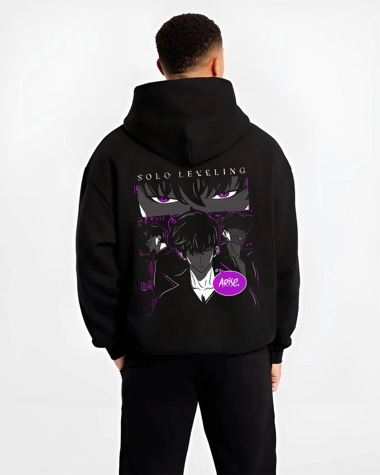 Black hoodie worn by male model from the back featuring Sung Jin-Woo Arise Shadow Monarch Solo Leveling artwork.